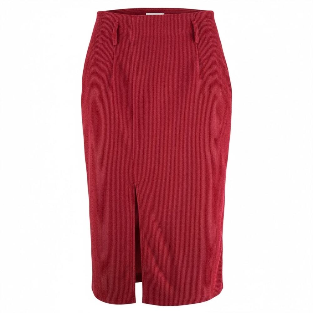 Rihoas Maroon Corduroy Midi Skirt Slit High Waist Small NWT Minimalist Casual